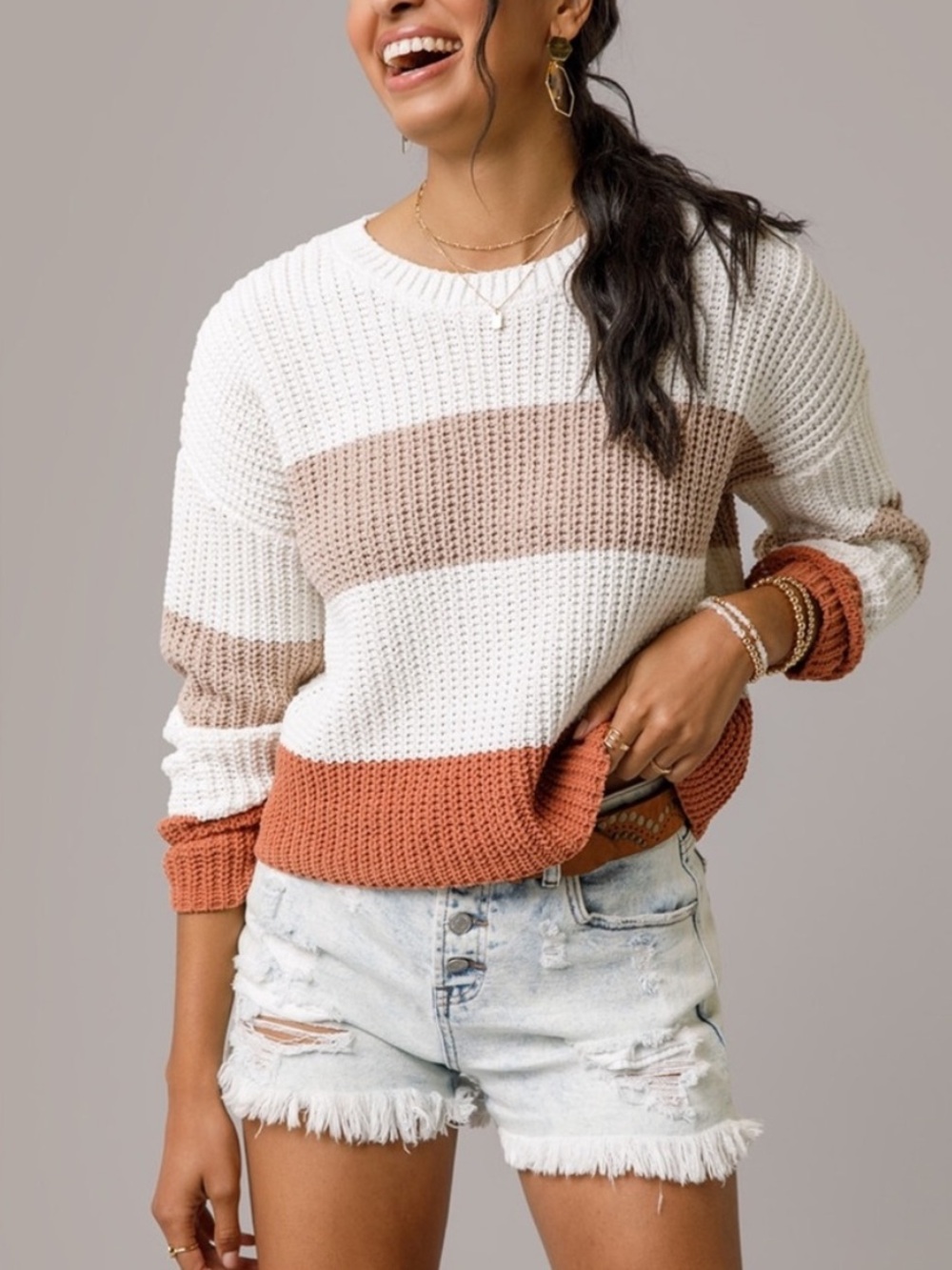 Moon & Madison Colorblock Chenille Knit Sweater Small Boho Striped Cropped Cozy
